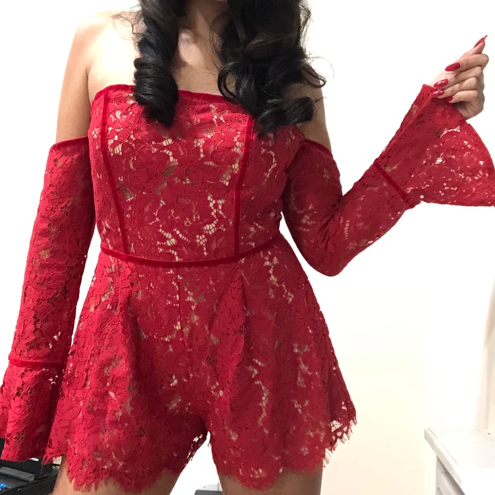 Tobi Red Lace Off the Shoulder Romper